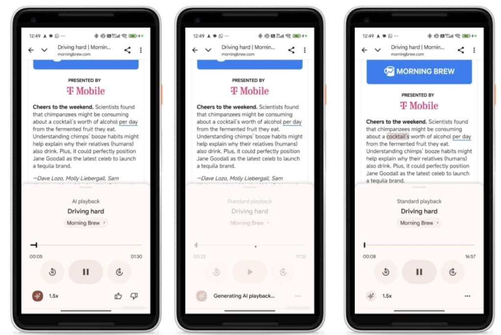 Audio Overviews sur Chrome pour mobile pour résumer les articles de blog et les pages web