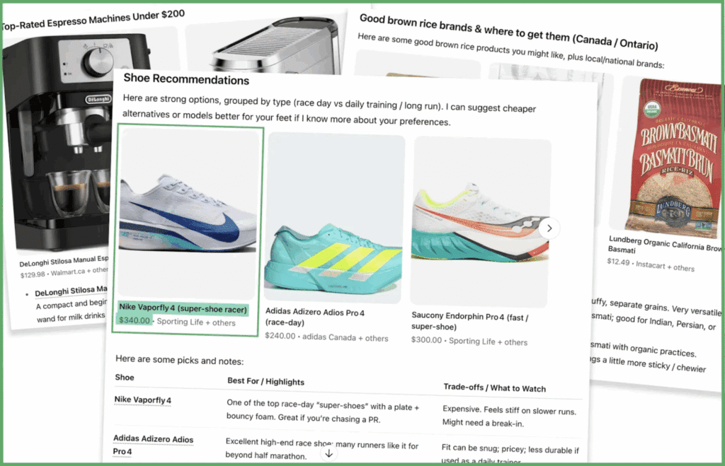 Extraits de conversations ChatGPT montrant du e-commerce directement dans l'interface de chat
