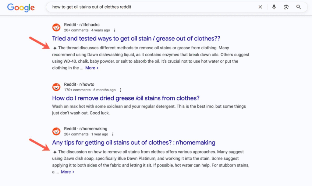 screenshot montrant des meta-descriptions remplacées par un texte généré par Gemini, l'IA de Google