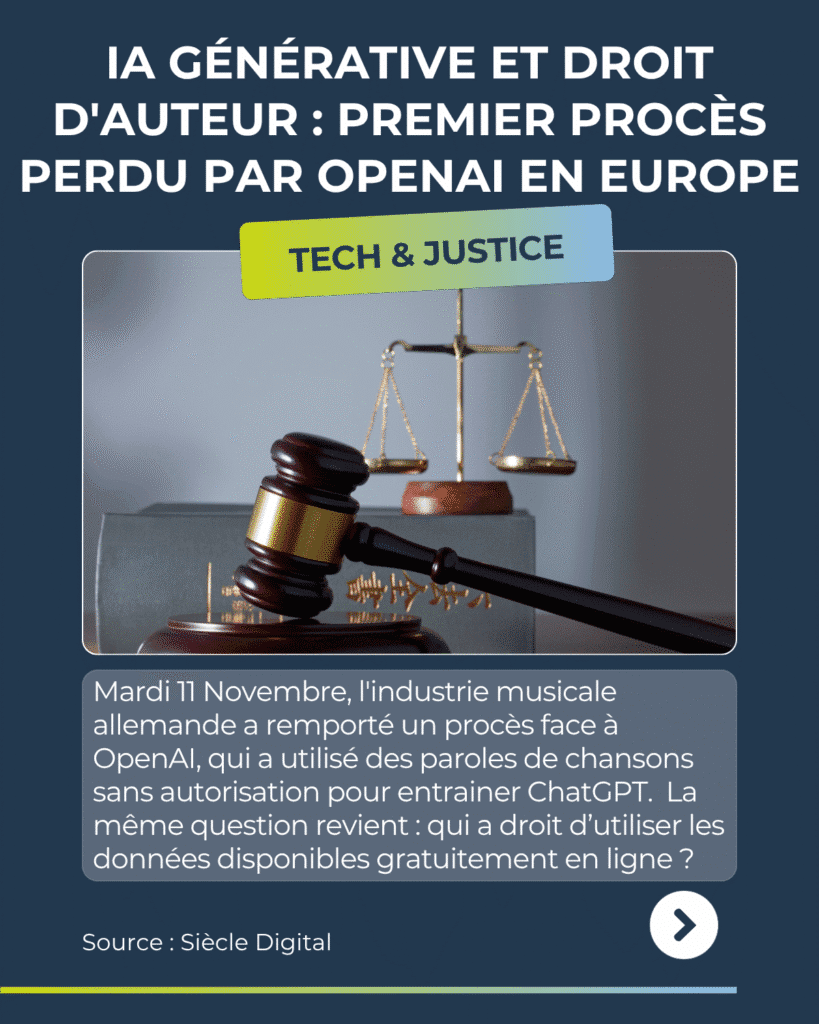 Revue du web IA générative et droit d’auteur : premier procès perdu par OpenAI en Europe
