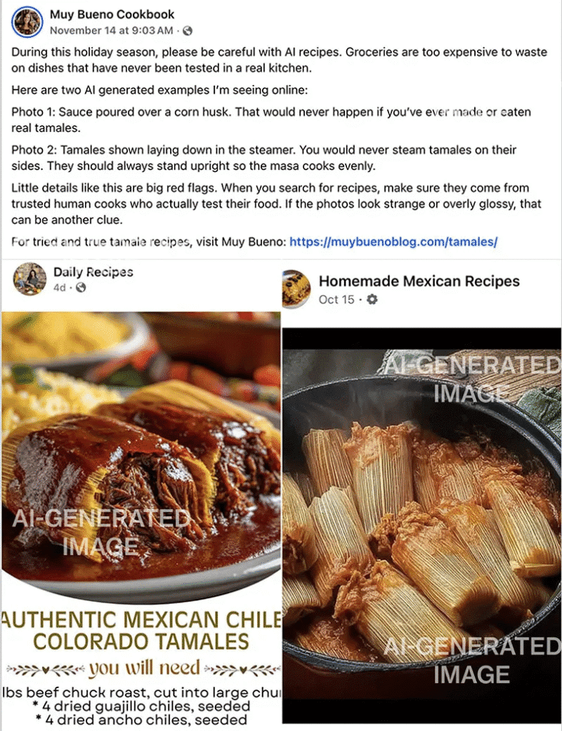 Images de tamale générées par IA sur Facebook que le compte Marquez-Sharpnack a repérées à cause d'erreurs culinaires évidentes