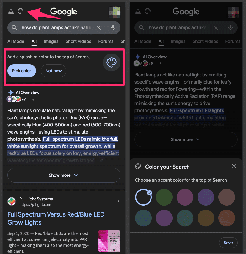 Choisir la couleur de ses résultats de recherche, une nouvelle feature proposée par Google - Source : Kenichi Suzuki sur X
