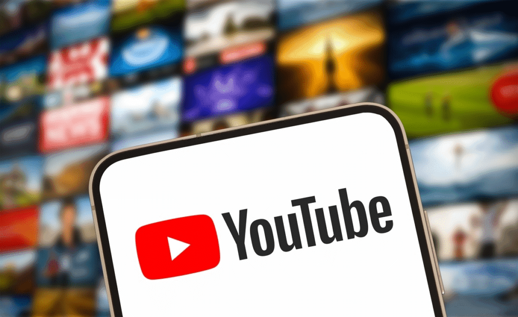 Smartphone affichant le logo YouTube devant une mosaïque floue de vignettes vidéo