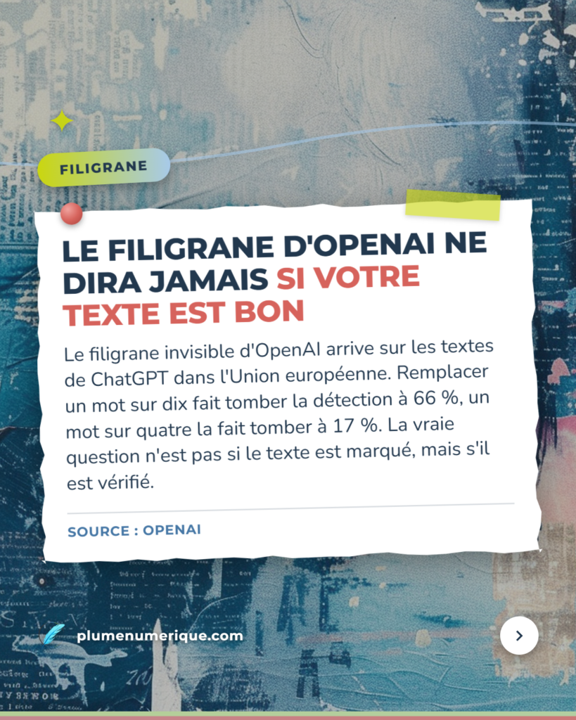 Le filigrane d'OpenAI ne dit pas si un texte est bon — revue du web de Plume Numérique, semaine du 29 septembre 2026