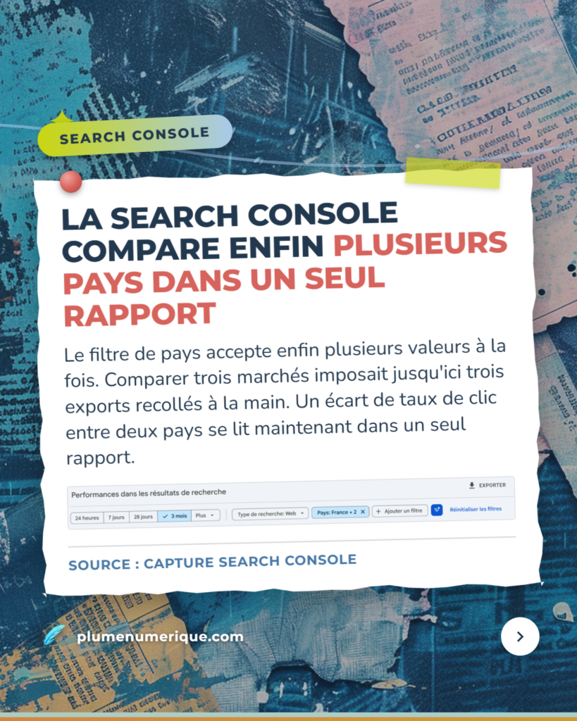 La Search Console compare enfin plusieurs pays dans un seul rapport — revue du web de Plume Numérique, semaine du 29 septembre 2026