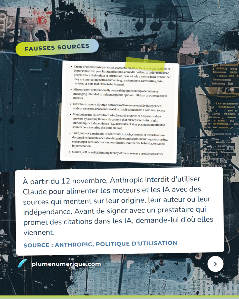 Extrait de la politique d'utilisation d'Anthropic qui interdit de manipuler les sources des moteurs et des IA, revue du web de Plume Numérique, semaine du 8 octobre 2026