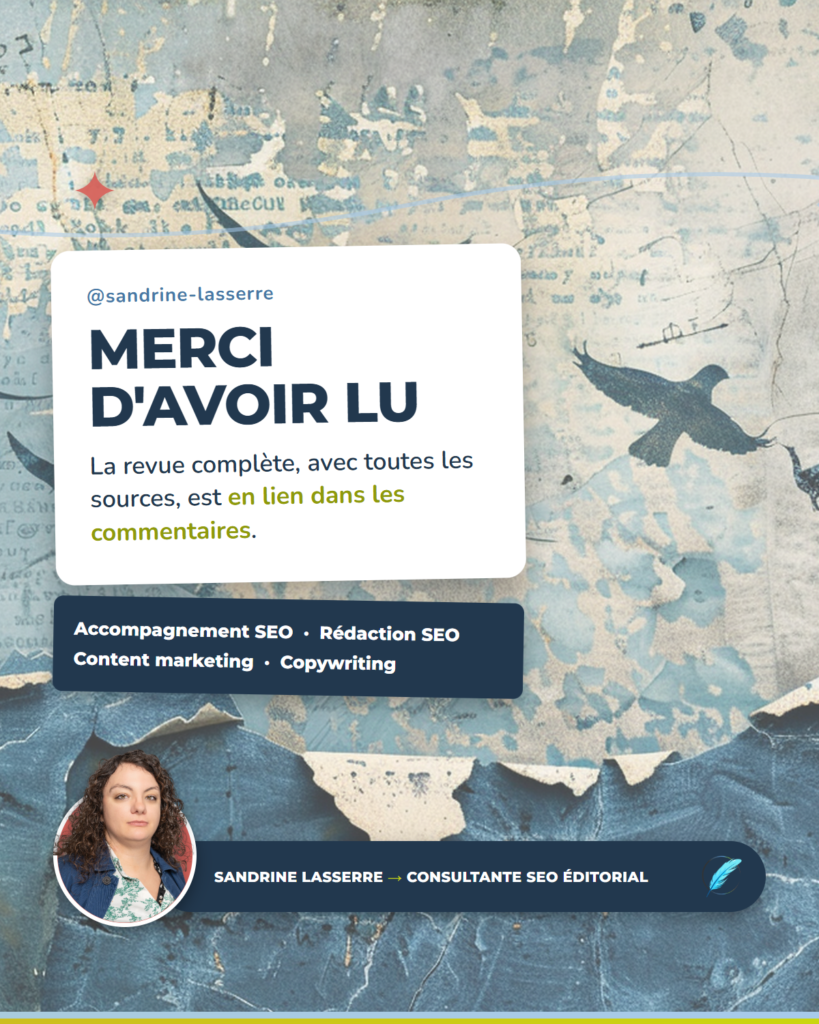 Carte de fin du carrousel : Sandrine Lasserre, consultante SEO éditorial et rédactrice web B2B chez Plume Numérique