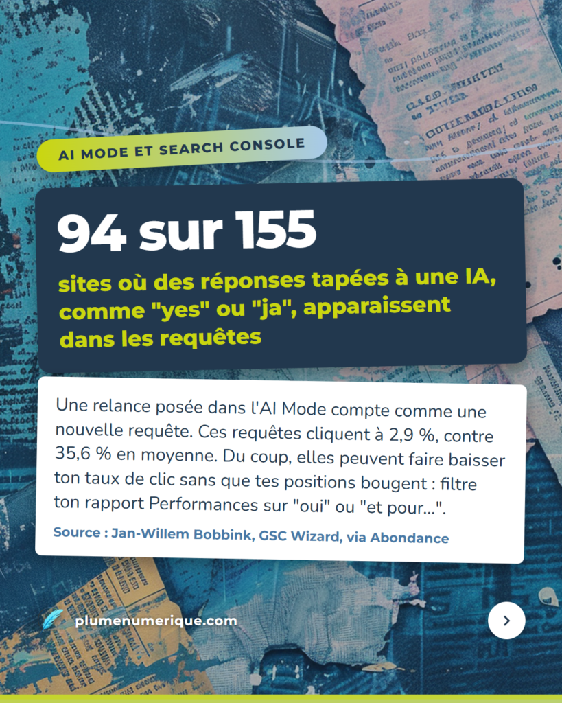94 sur 155 sites où des réponses tapées à une IA, comme "yes" ou "ja", apparaissent dans les requêtes, revue du web de Plume Numérique, semaine du 15 octobre 2026