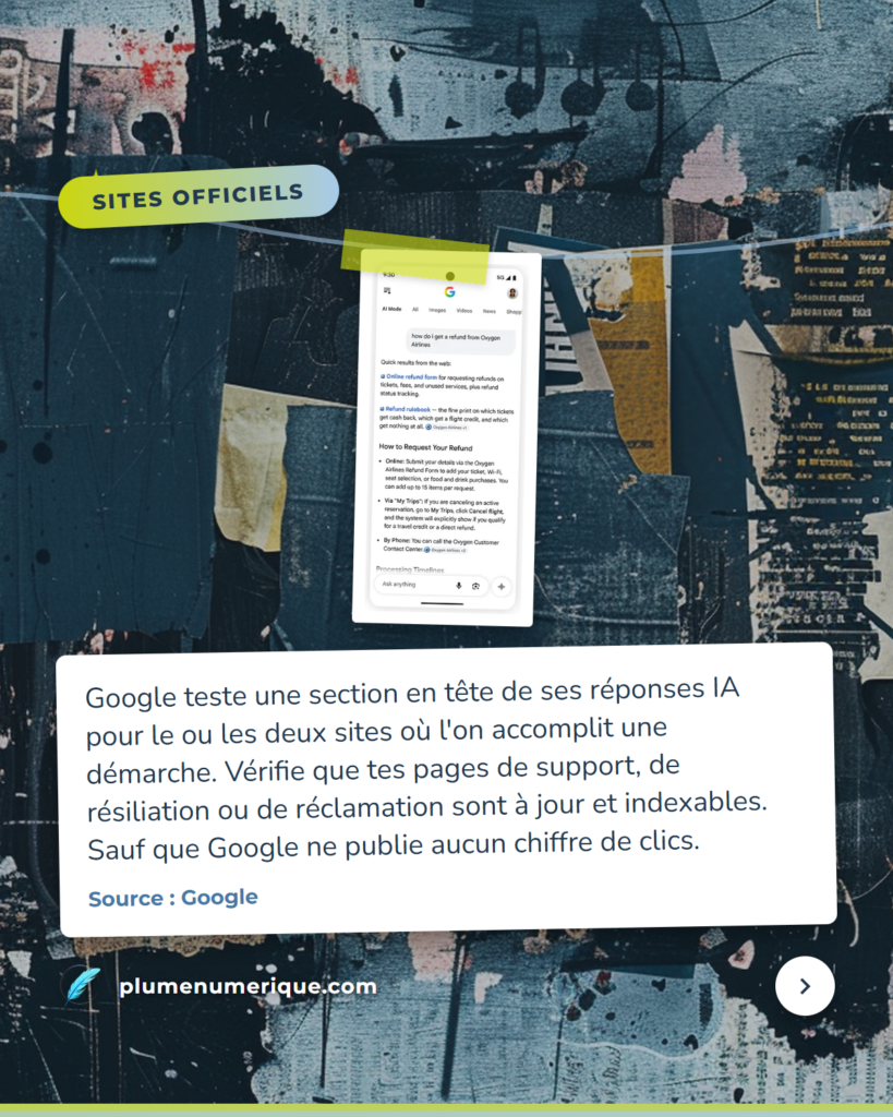 Maquette de Google : deux liens officiels en tête d'une réponse de l'AI Mode, revue du web de Plume Numérique, semaine du 15 octobre 2026