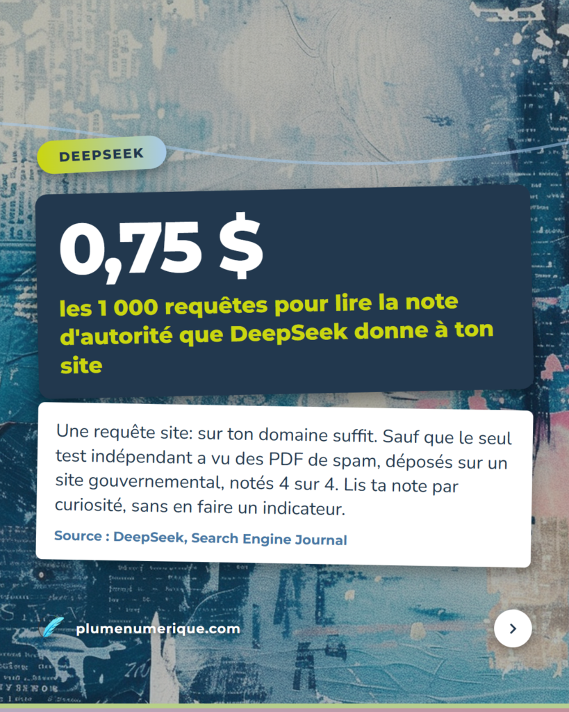 0,75 $ les 1 000 requêtes pour lire la note d'autorité que DeepSeek donne à ton site, revue du web de Plume Numérique, semaine du 15 octobre 2026
