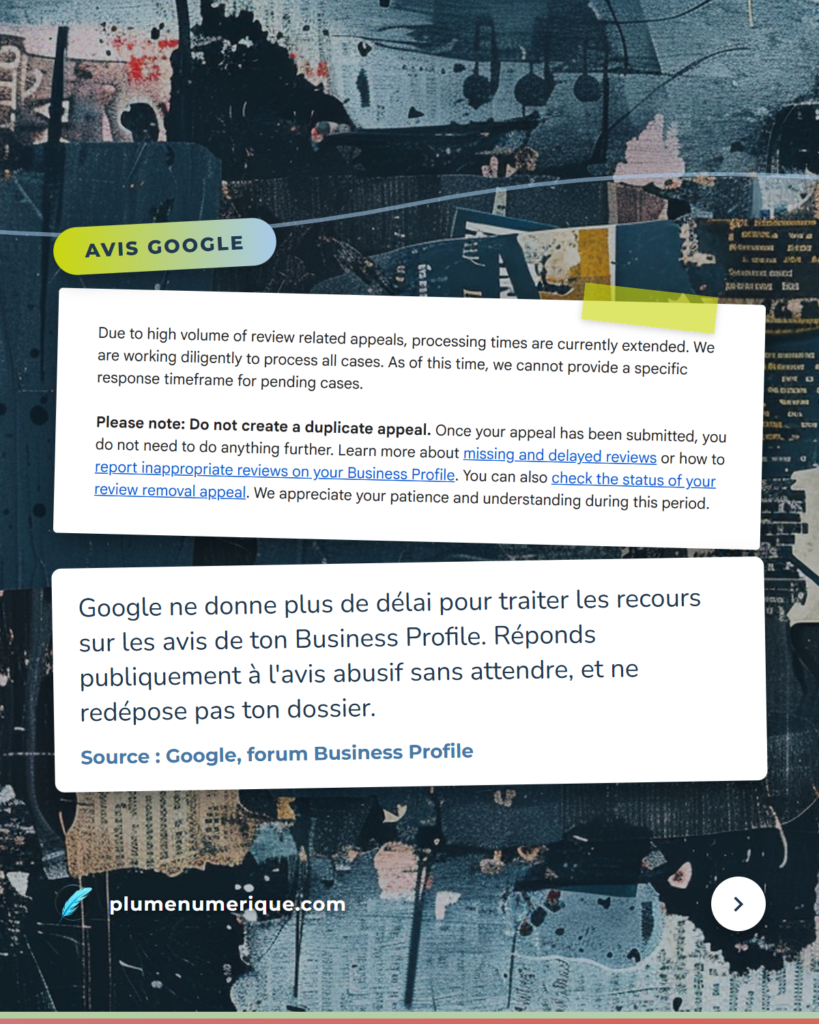 Message de Google : délais de traitement allongés pour les recours sur les avis, revue du web de Plume Numérique, semaine du 15 octobre 2026