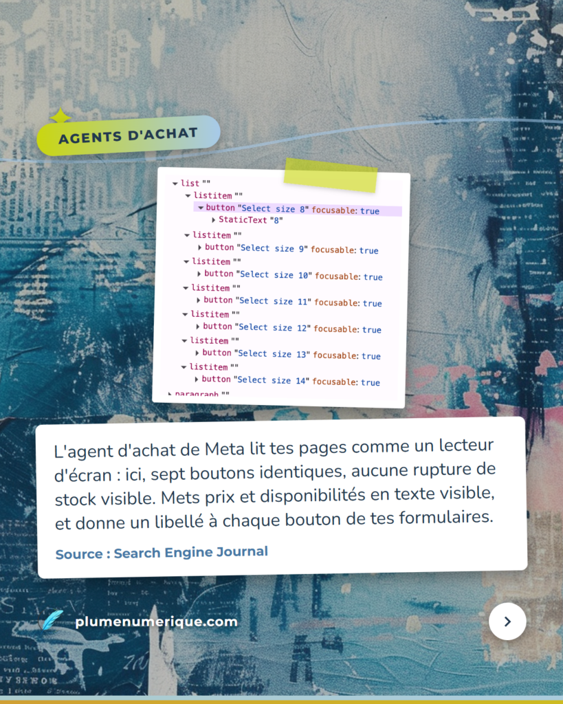 Arbre d'accessibilité d'un sélecteur de tailles : sept boutons identiques, aucune rupture signalée, revue du web de Plume Numérique, semaine du 15 octobre 2026