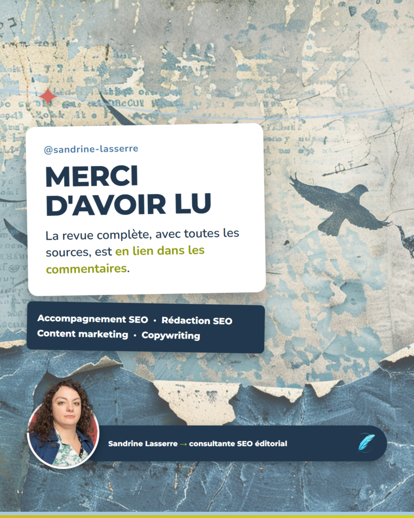 Carte de fin du carrousel : Sandrine Lasserre, consultante SEO éditorial et rédactrice web B2B chez Plume Numérique