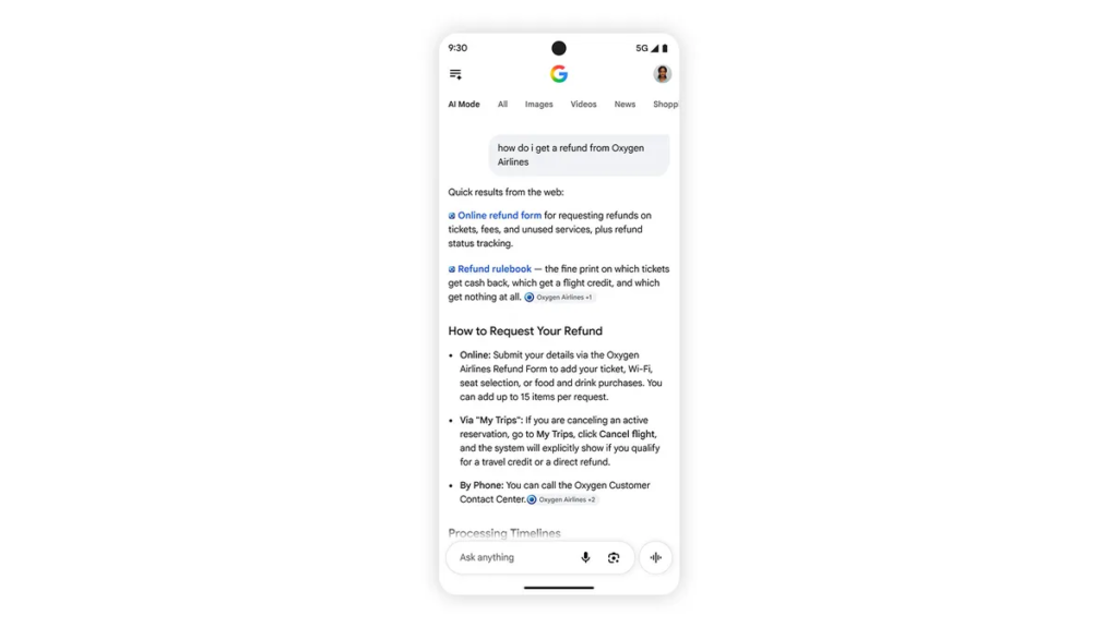 Maquette de Google dans l'AI Mode pour la question how do i get a refund from Oxygen Airlines : deux liens officiels en tête de réponse, le formulaire de remboursement en ligne et le règlement des remboursements, chacun avec une phrase sur son utilité.