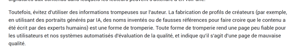 Extrait de la page du contenu utile de Google : éviter les informations trompeuses sur l'auteur, la fabrication de profils de créateurs avec des portraits générés par IA, des noms inventés ou de fausses références étant une forme de tromperie.