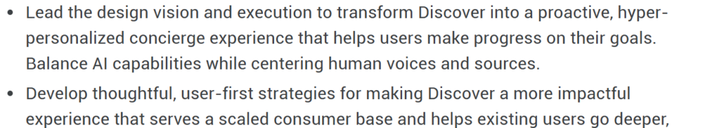 Extrait d'une offre d'emploi de Google pour la direction du design de Discover : transformer Discover en une expérience de concierge proactive et hyper-personnalisée.