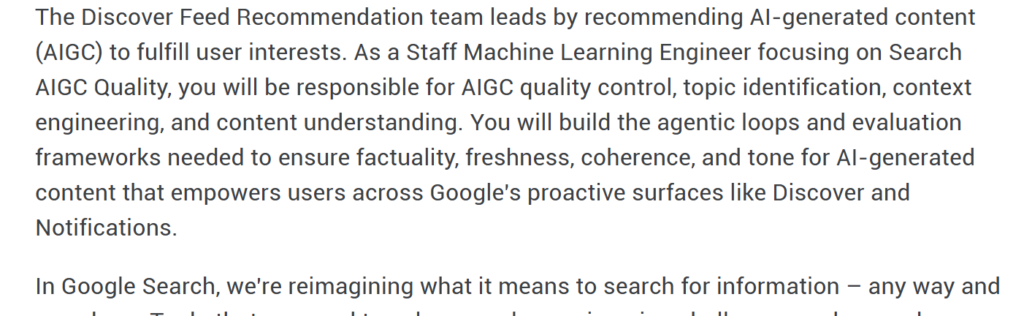 Extrait d'une offre d'emploi de Google : l'équipe de recommandation du fil Discover recommande des contenus générés par IA et doit en garantir l'exactitude, la fraîcheur, la cohérence et le ton.