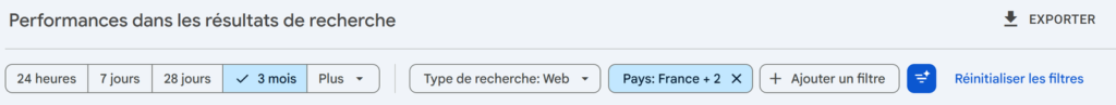 Barre de filtres du rapport de performances de la Search Console, avec une puce Pays : France + 2 qui montre que le filtre accepte désormais plusieurs pays.