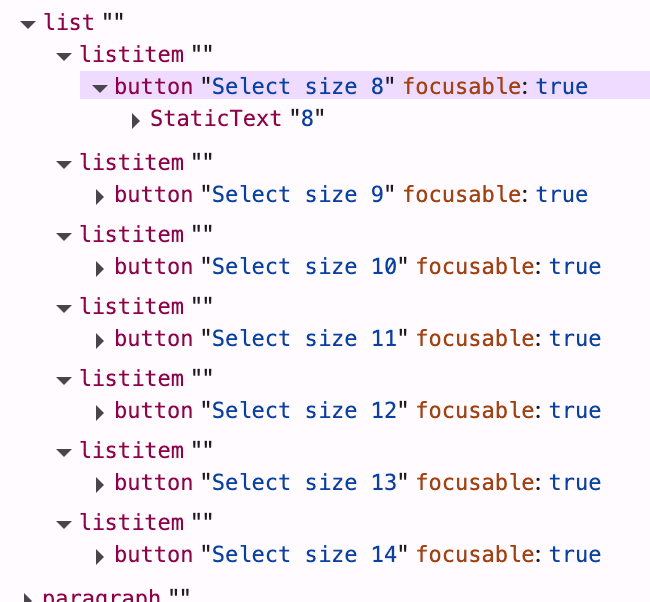 Arbre d'accessibilité du même sélecteur : sept boutons identiques, Select size 8 à Select size 14, sans aucune mention de rupture de stock.