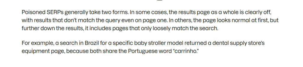 Extrait de la mise au point de Semrush : les pages de résultats empoisonnées prennent deux formes, entièrement hors sujet ou normales en tête puis dégradées plus bas ; une recherche au Brésil sur un modèle de poussette a renvoyé la page d'un fournisseur de matériel dentaire, les deux partageant le mot portugais carrinho.